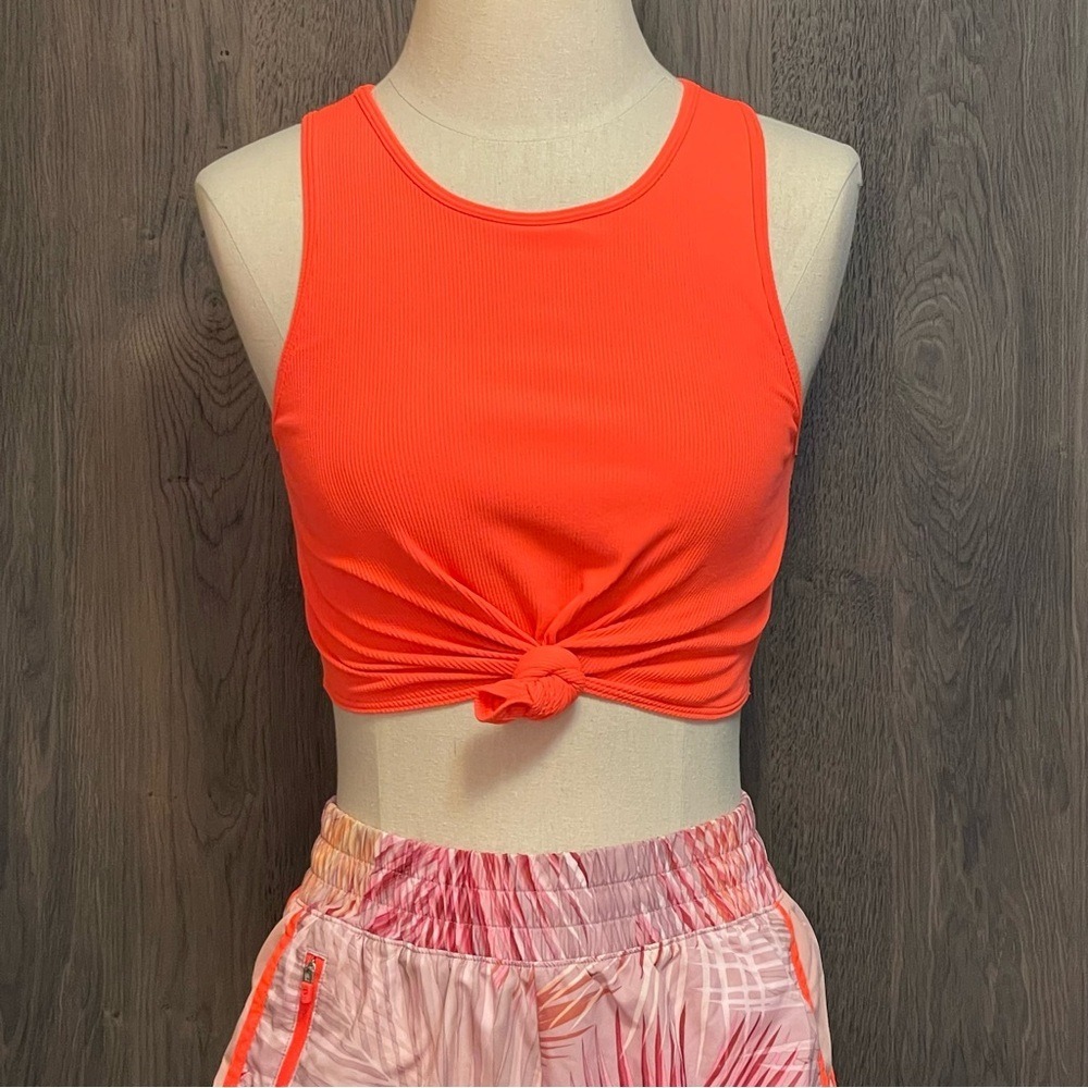 GapFit Womens Ribbed Front Knot Crop Top Neon Orange Shelf Bra Tank Small